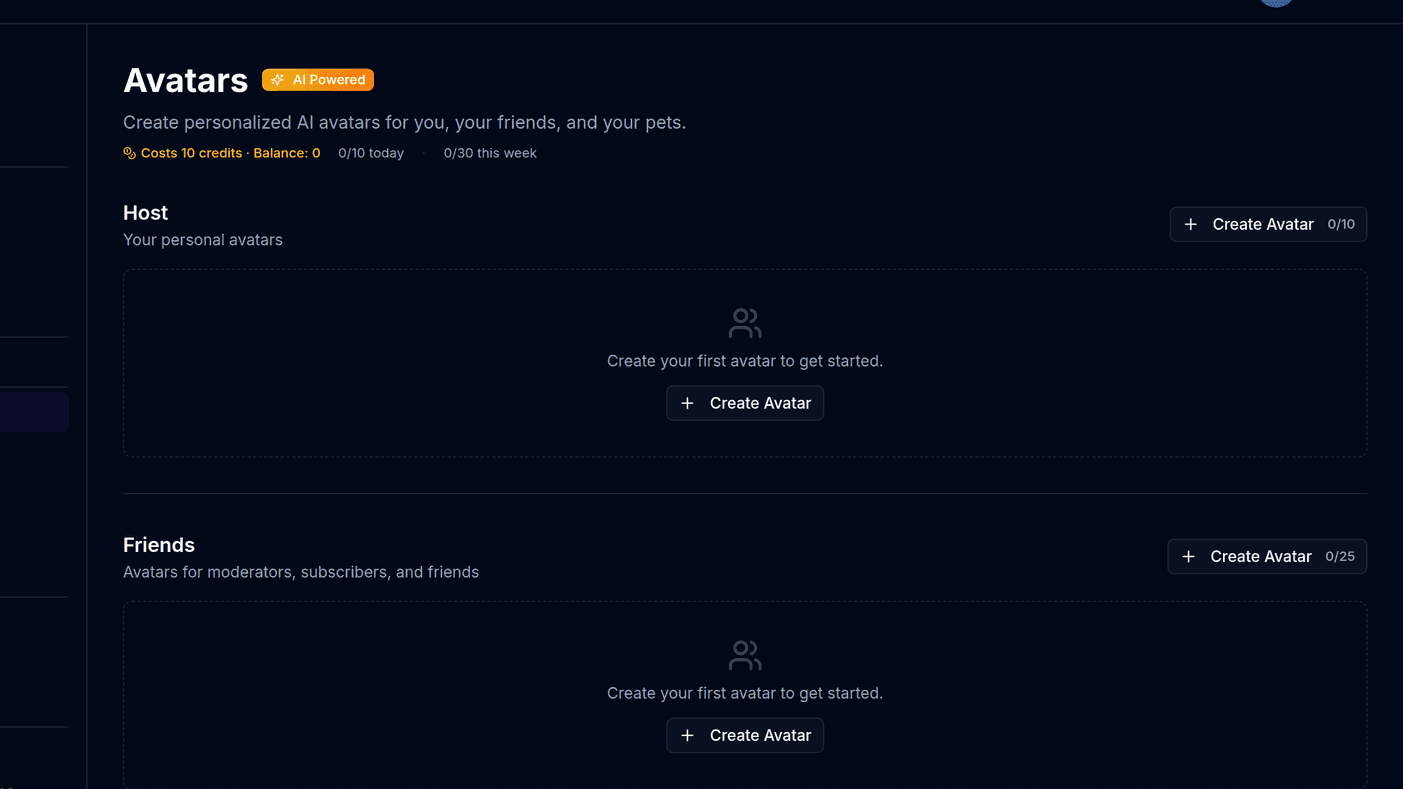 The BoTik Avatars page with Host, Friends and Pets sections