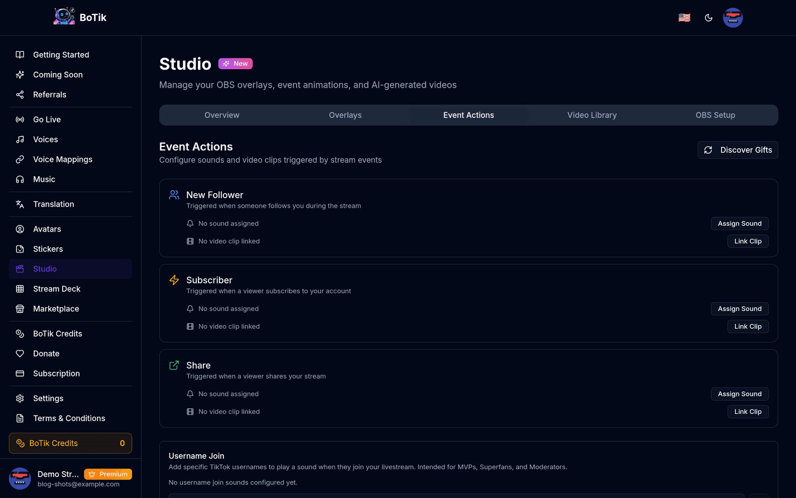 The sound effects page with a preset library and per-gift assignments