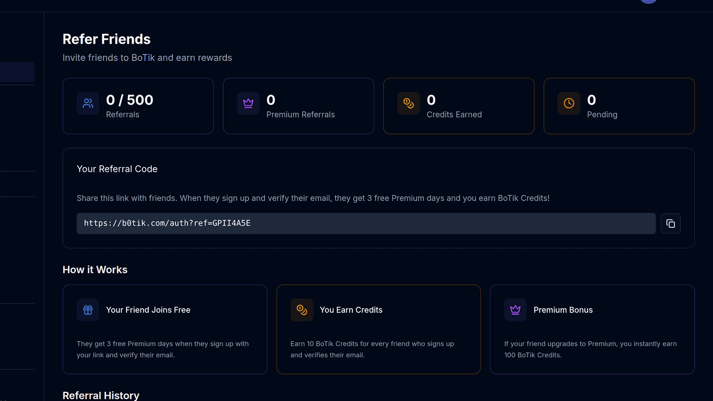 The BoTik Referrals page showing the invite link, stats tiles and referral history