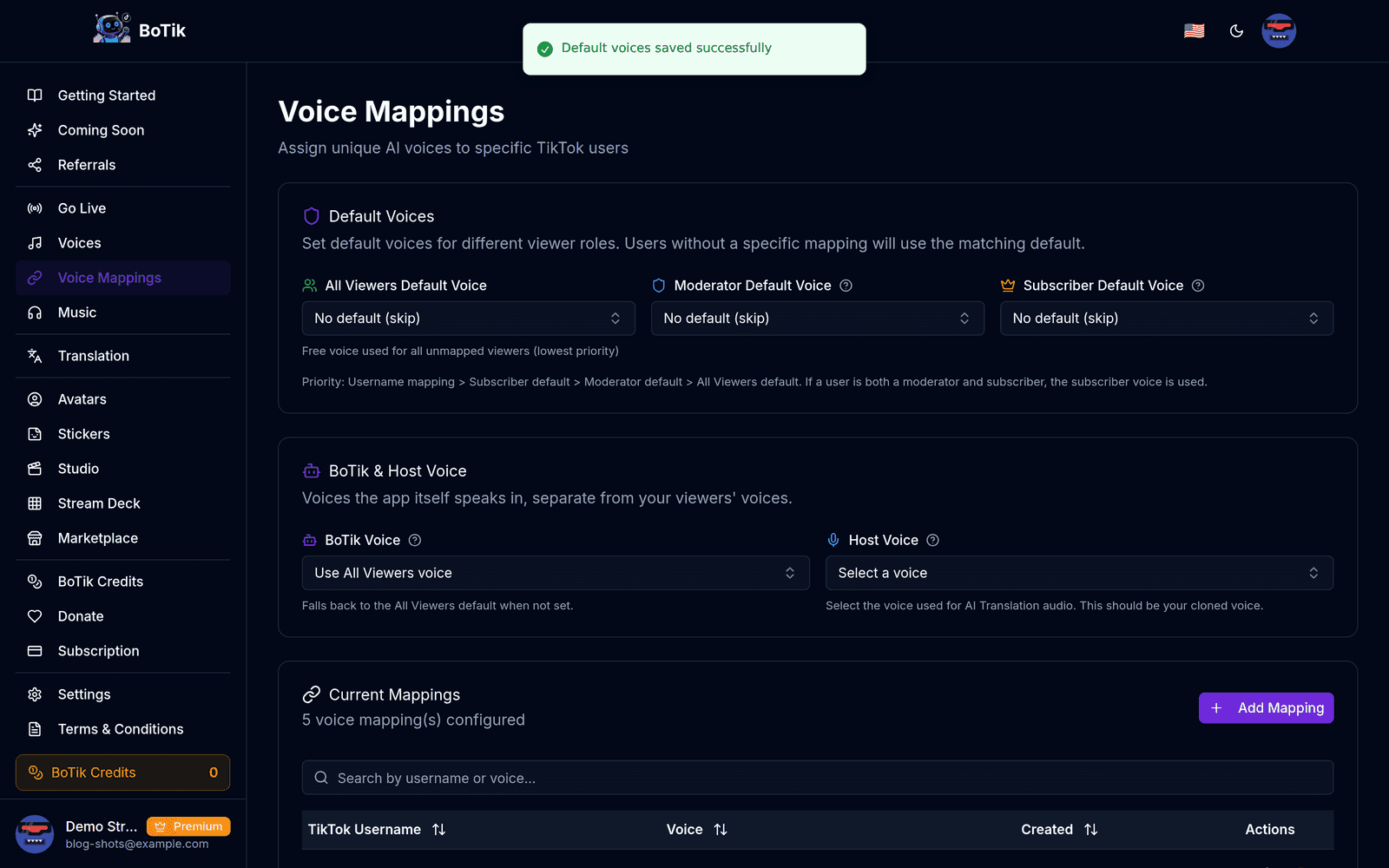 The Voice Mappings page with TikTok usernames each assigned a voice