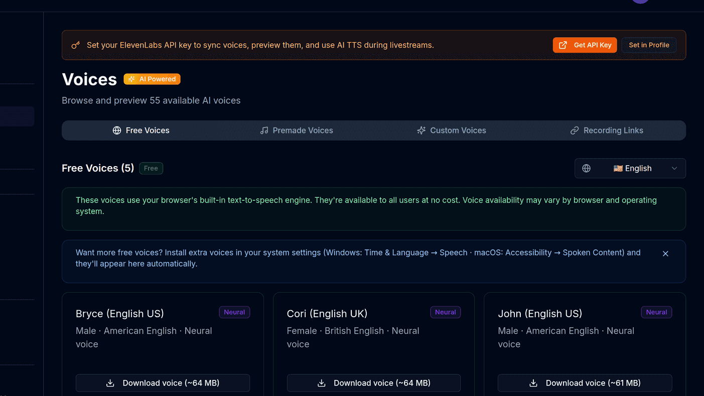 The Voices page in BoTik showing tabs for free, premade, custom and recording links