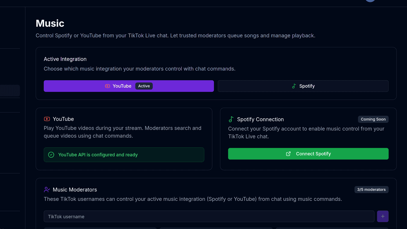 The BoTik Music page showing integration, connection, moderators and chat command cards