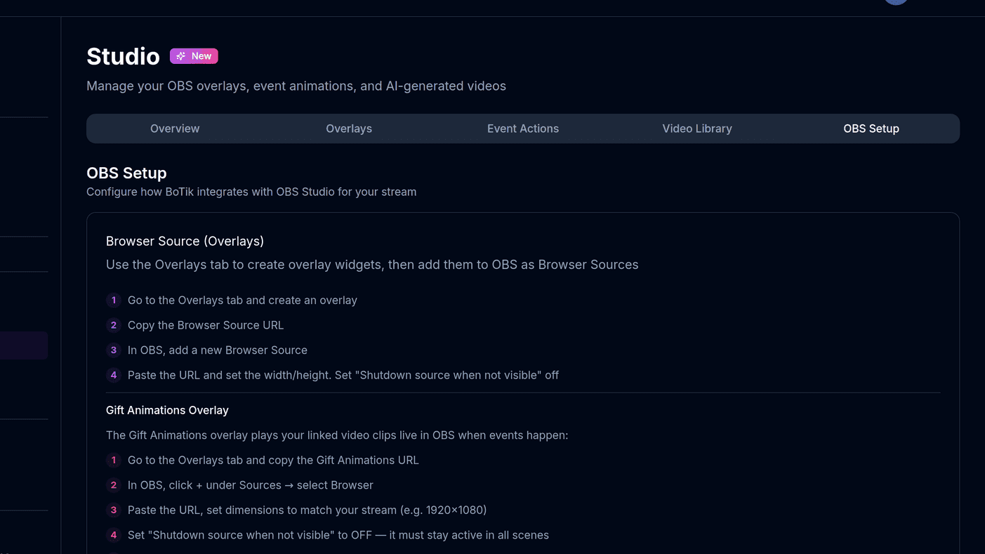 The OBS Setup tab in BoTik Studio, showing browser source instructions and WebSocket connection fields