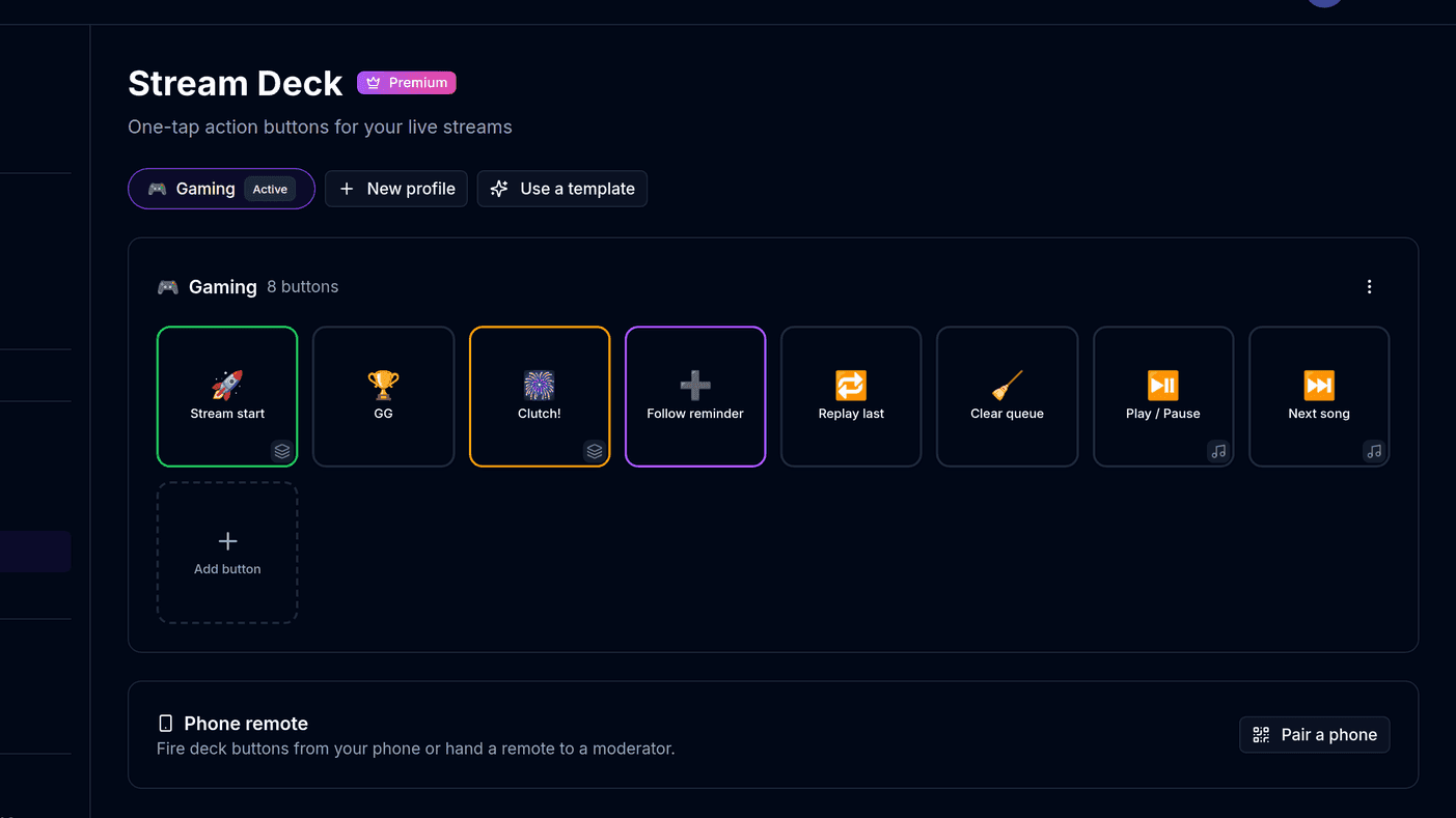 The BoTik Stream Deck page showing a profile with a grid of coloured action buttons