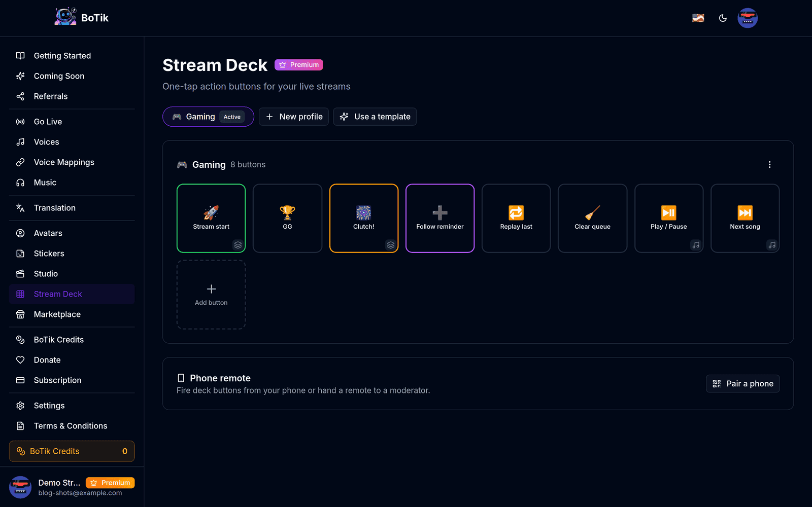 The Stream Deck page with the profile rail on the left and a button grid