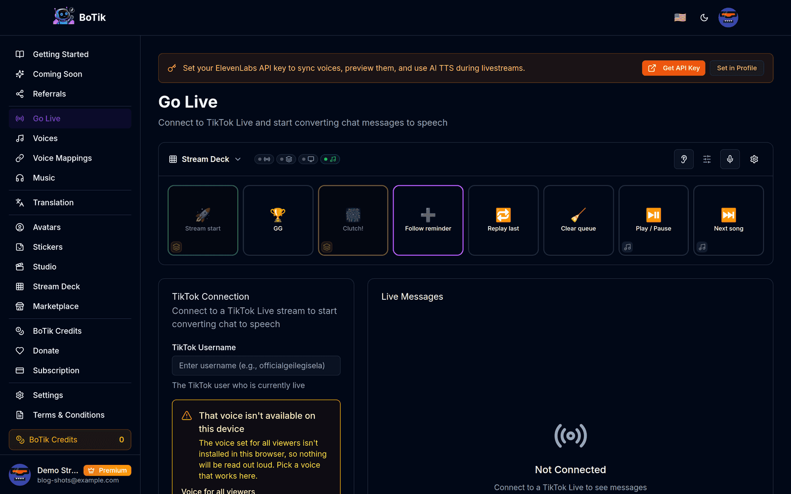 The BoTik Go Live page with the Stream Deck dock visible alongside the live session