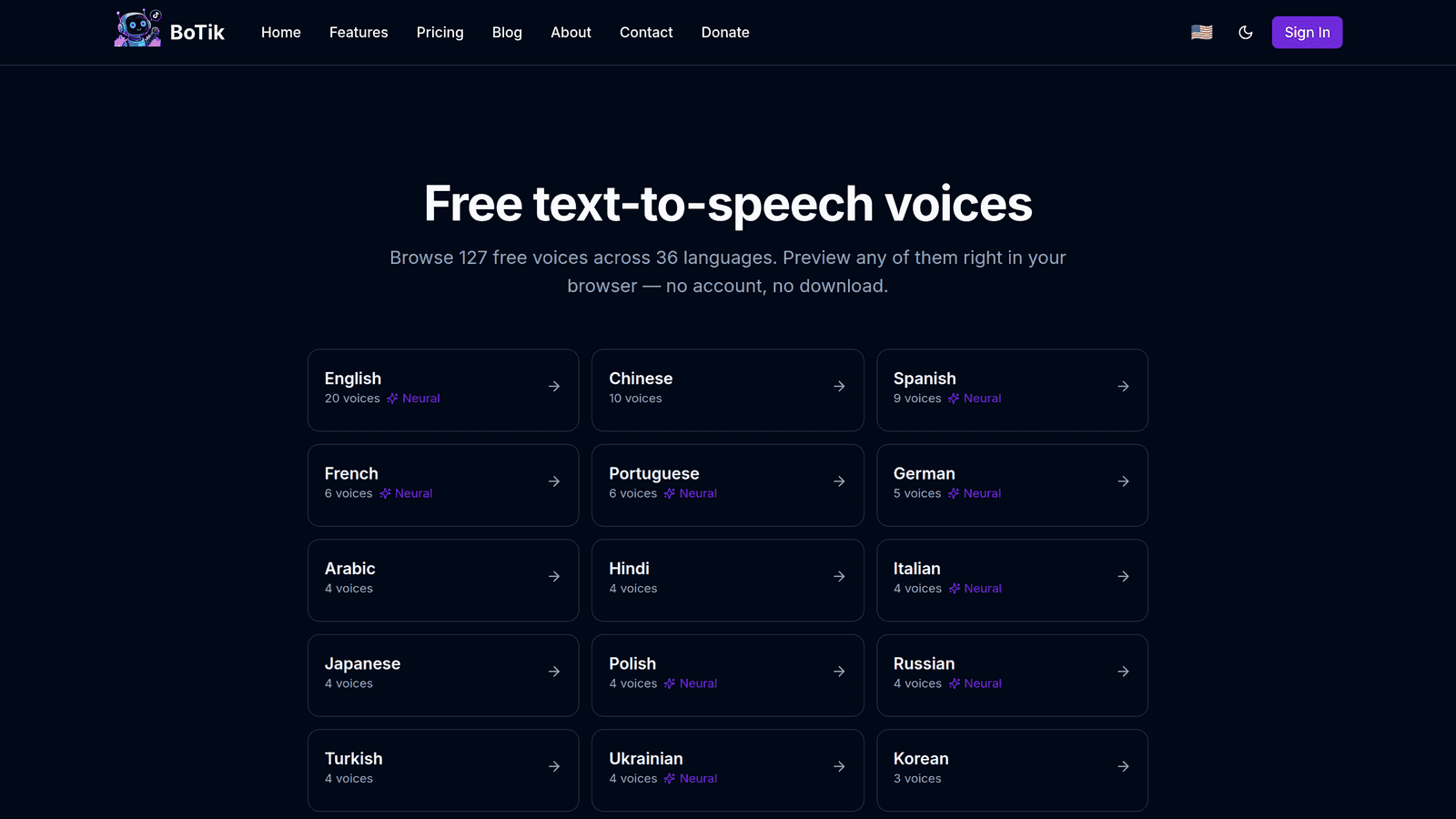 The BoTik free voices catalogue listing voices by language