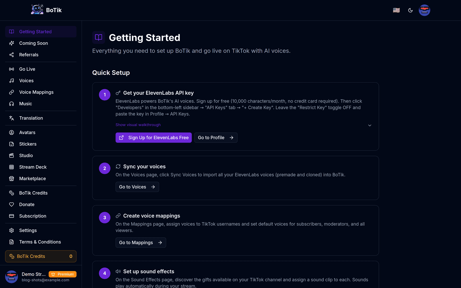 The BoTik Getting Started page walking through voice selection and TikTok connection