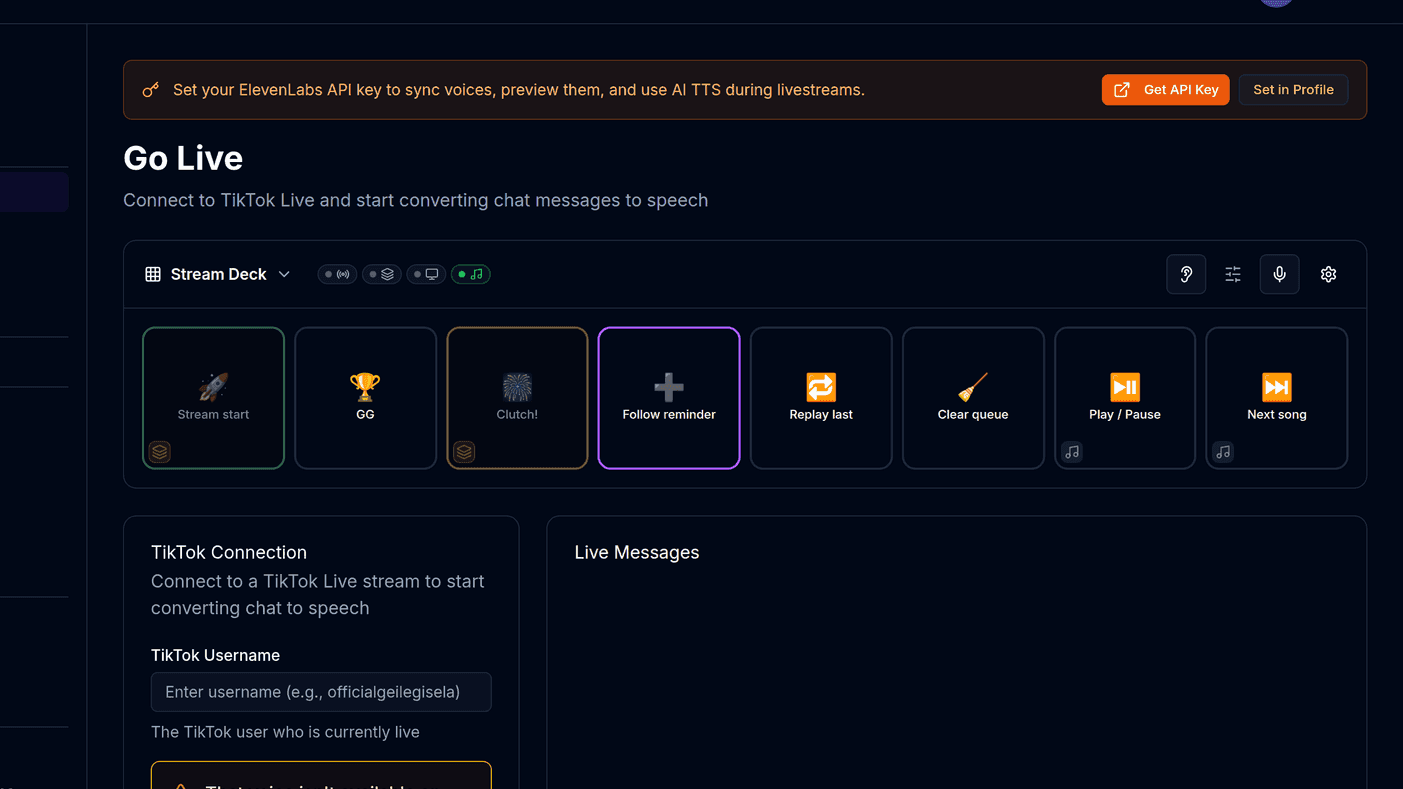 The BoTik Go Live page with the TikTok connection panel and live chat feed