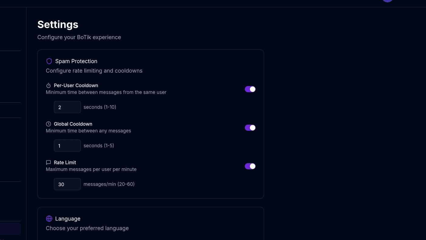 The BoTik settings page showing spam protection controls