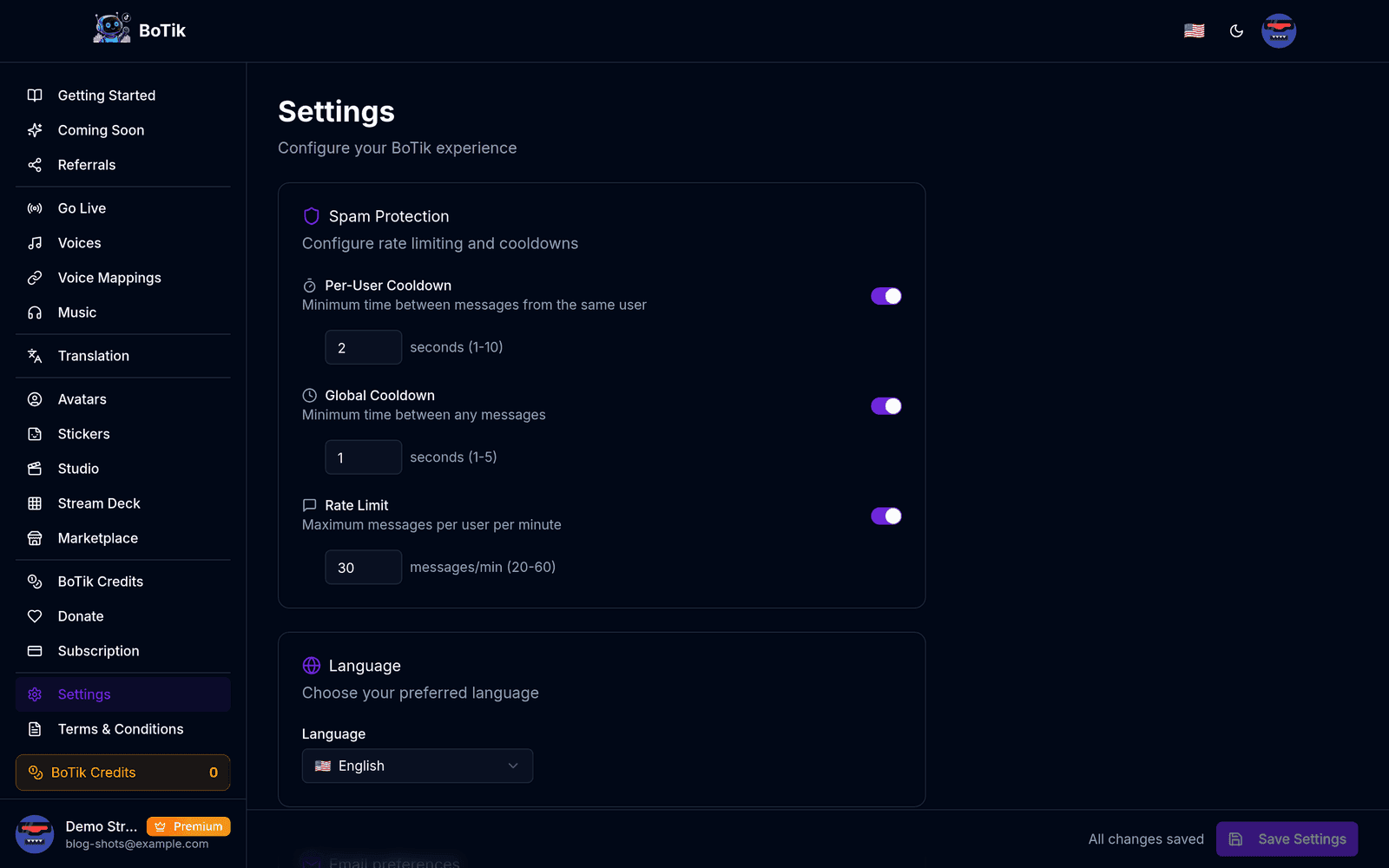 Spam protection settings with cooldown, rate limit and message length controls