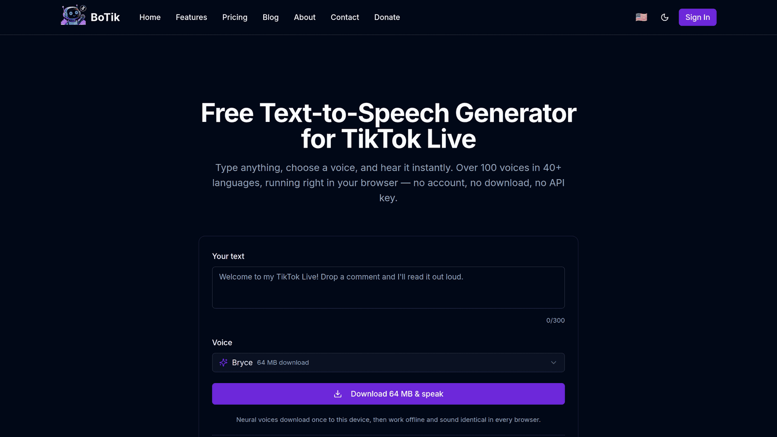 The BoTik free voice generator with a text box and voice picker